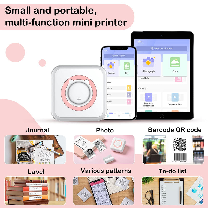 [Australia - AusPower] - Mini Pocket Sticker Printer, Bluetooth Wireless Portable Mobile Printer Machine Thermal Printer, Pocket Label Receipt Printer Compatible with iOS & Android, and Thermal Printing Paper 2.24X197 inch 