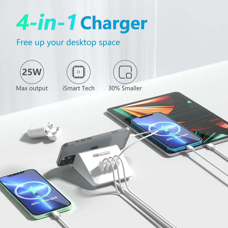 [Australia - AusPower] - VHBW USB Charging Station 25W, 4 Port USB Charging Station for Multiple Devices, Multi USB Charger Station with Phone Stand (UL Listed, 6Ft Extension Cord, White) 