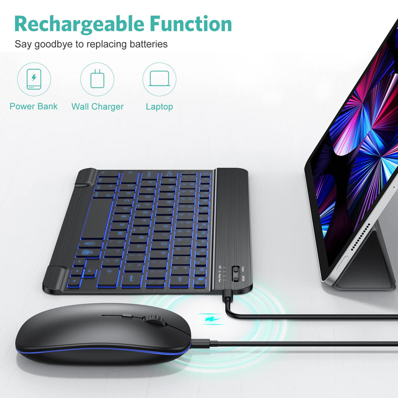 [Australia - AusPower] - TECURS Bluetooth Keyboard and Mouse Combo for iPad, 7-Color Backlit Rechargeable Wireless Keyboard & Mouse Compatible with iPad 9th/8th Gen, iPad Pro/Air/Mini and ipadOS 13 and Above, Black 