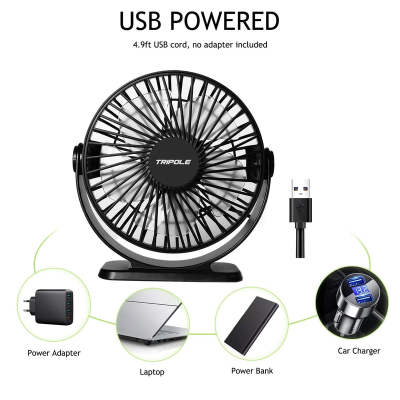 [Australia - AusPower] - TriPole Small Desk Fan USB Powered Portable Fan 3 Speeds Strong Airflow Mini Fan 360°Rotation Personal Fan 5.1 Inch Table Fan for Home Office Bedroom Desktop, Black, 4.9ft Cable 