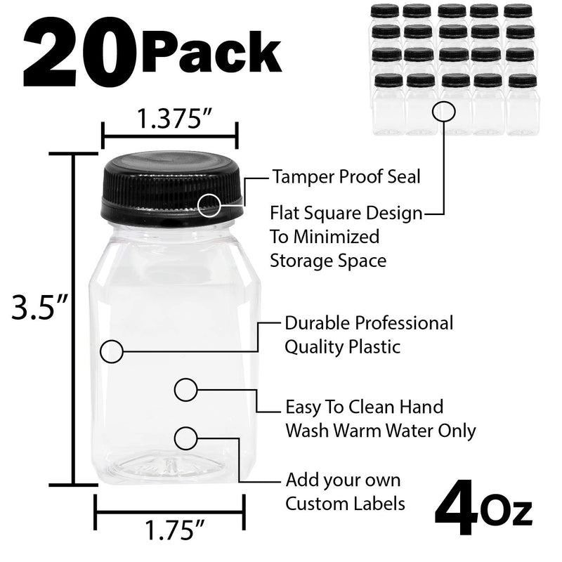 [Australia - AusPower] - Empty PET Plastic Juice Bottles - Pack of 20 Reusable Clear Disposable Milk Bulk Containers with Funnel and Brush and Tamper Evident Caps (Black, 4 oz) Black 