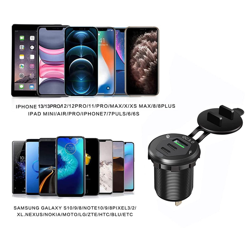 [Australia - AusPower] - USB C Car Charger Socket, 12V USB Outlet with 18W Dual PD Ports & 18W QC 3.0 Quick Charge Fast USB Type C Car Adapter for Car, Boat, Marine and More 