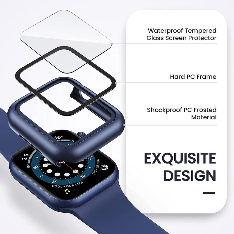 [Australia - AusPower] - [2 Pack] Goton Waterproof Case Compatible for Apple Watch SE Series 6 /5 /4 44mm with Screen Protector, PC Matte Hard HD Tempered Glass Full Face Cover Bumper Accessories for iwatch Women Men Blue+Blue For 44mm only 