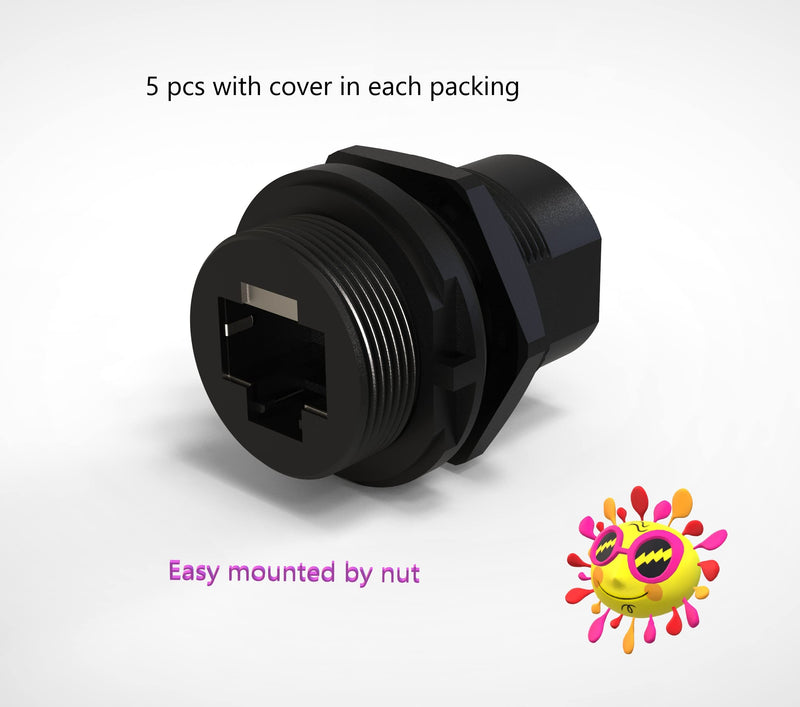 [Australia - AusPower] - Axawibe 5 pcs Female to Female Panel Mount RJ45 Connector CAT6&5,Ethernet LAN Cable Connector with dust Cap Waterproof IP67, Black 