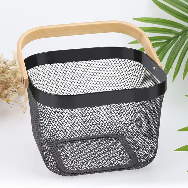 [Australia - AusPower] - AJIODA Metal Mesh Steel Basket, Storage Organizer Basket Multi-functional Hanging Kitchen Baskets Fruit Basket Bin with Bamboo Handle for Kitchen Bathroom Picnic Shopping Decor Cabinet Home, Black 