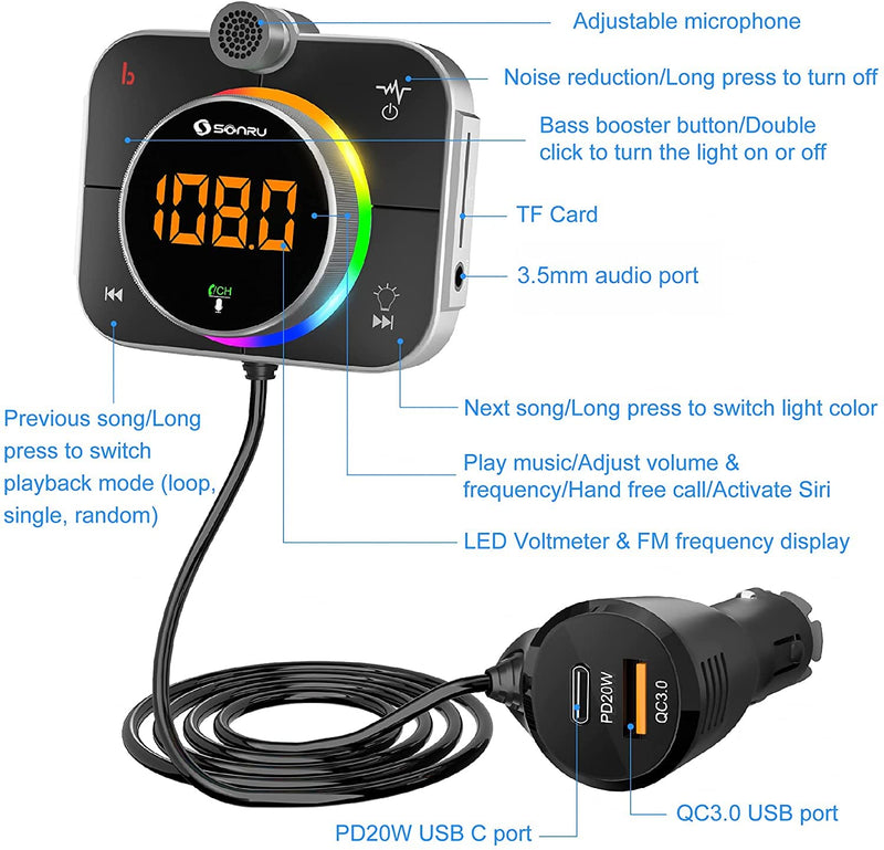 [Australia - AusPower] - Bluetooth FM Transmitter for Car, SONRU Car Radio Bluetooth Adapter with QC3.0 & PD 20W Type C USB Charger, Hands-Free Call/Bass Booster, Noise Cancellation, Support TF Card AUX Output Black 