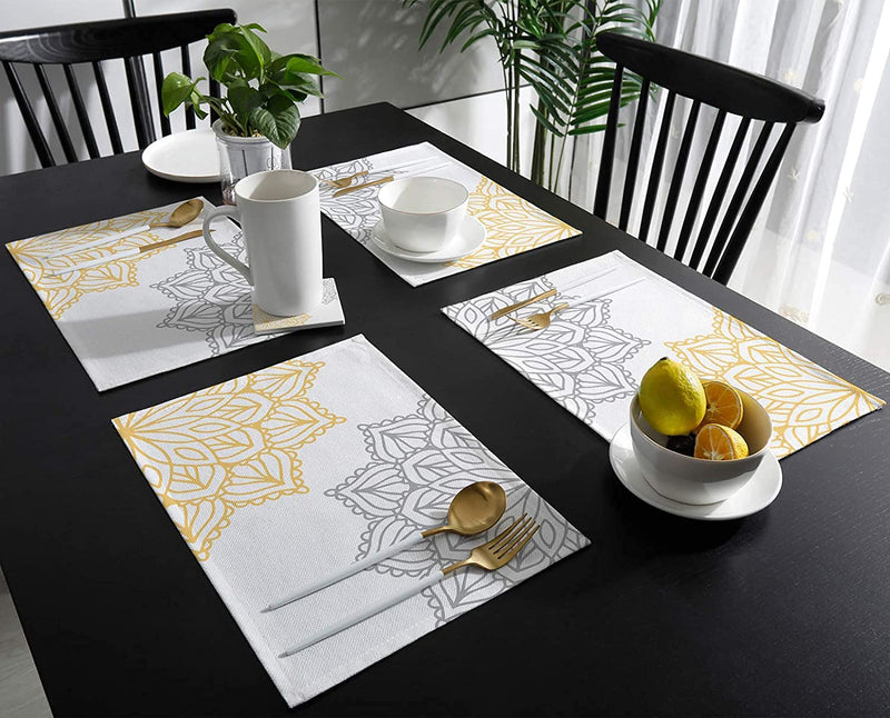 [Australia - AusPower] - Elegant Dahlia Flowers Yellow Grey Placemats Set of 6, Cotton Linen Heat Resistant Table Mats Non-Slip Washable Placemat for Holiday Banquet Dining Kitchen Table Decor Floral-095ase6657 