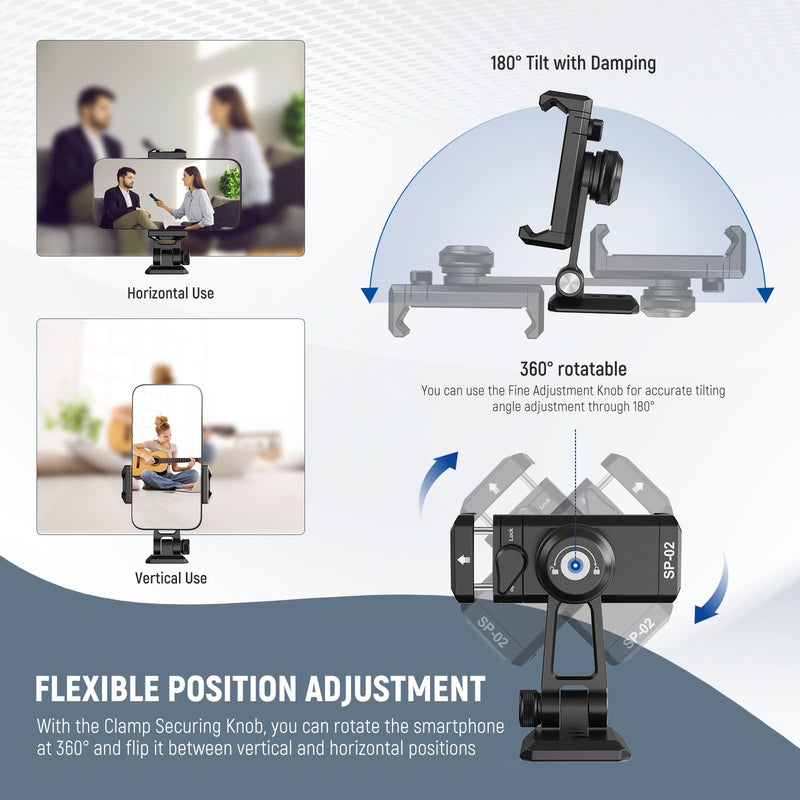 [Australia - AusPower] - NEEWER Phone Tripod Mount Adapter, Aluminum Phone Holder Clamp with Cold Shoe, 1/4" 3/8" Thread, Arca Type Base, 360° Pan 180° Tilt, Compatible with iPhone 14 13 Pro Max Mini X Xs Galaxy S23, SP-02 