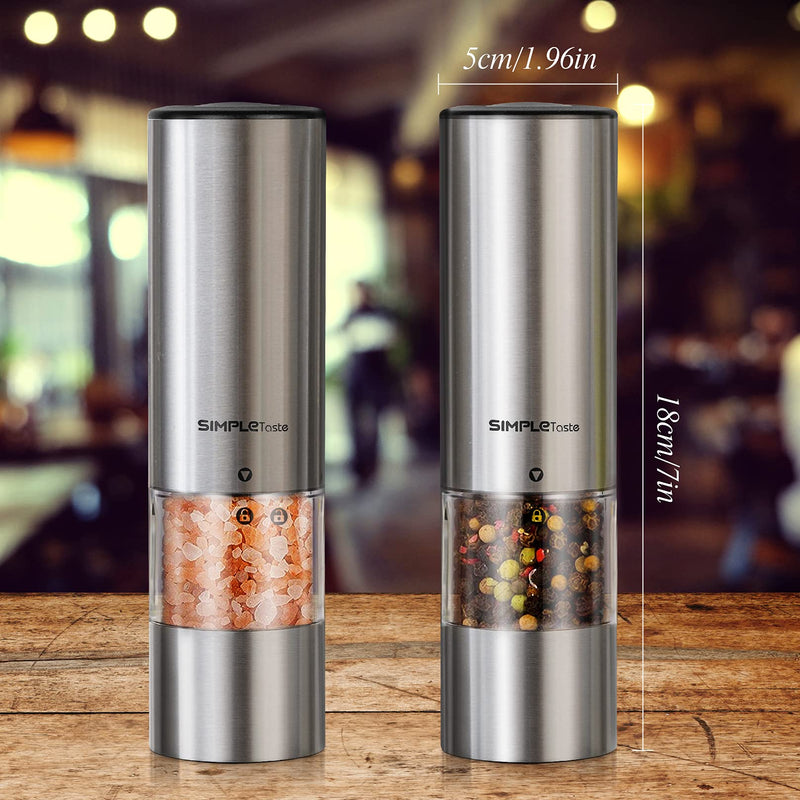 [Australia - AusPower] - SIMPLETASTE Electric Pepper Grinder Mill, Salt and Pepper Grinder Set with Automatic Operation and Adjustable Coarseness, Battery Operated, Stainless Steel, Set of 2 