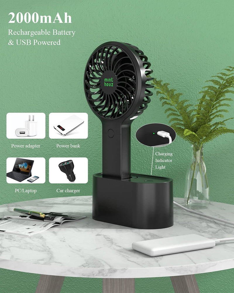 [Australia - AusPower] - Minthouz Handheld Fan, 90° Automatic Head Shaking Personal Fan with Rotating Base, 3 Speed Adjustable Portable Fan Rechargeable Desk Fan with 2000mAh Built-in Battery, Mini Fan for Office/Home/Outdoor Black 