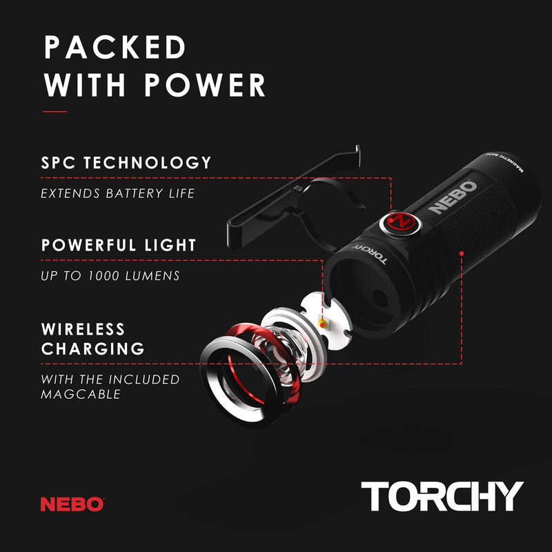 [Australia - AusPower] - NEBO 1000-Lumen Pocket Sized Flashlight: 4 Light Modes Plus Turbo Mode; Water and Impact Resistant; Power Memory Recall; Rechargeable Battery and MagDock Cable Included - 6878, Black 