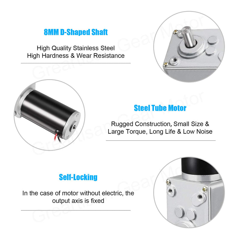 [Australia - AusPower] - Greartisan DC 12V 3RPM 12Kg.cm 8mm Single Shaft Self-Locking Reversible Worm Gear Motor with Cable, High Torque Speed Reduction Motor, Turbine Electric Gearbox Motor 
