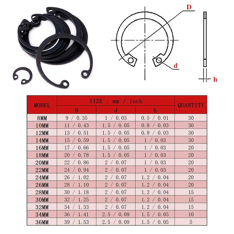 [Australia - AusPower] - Hilitchi 300-Pcs [15-Size] Alloy Steel Internal Circlip Snap Retaining Clip Ring Assortment Set 