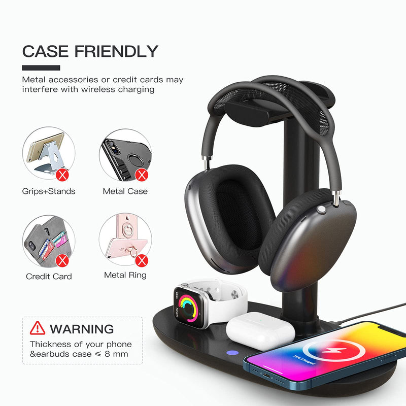 [Australia - AusPower] - Headphone Stand with 15w Wireless Charger, Suguder 4 in 1 Qi Charging Station Headset Holder for AirPods Max/Pro/2 iWatch 7/6/5/4/3/2/1/SE iPhone 13/12/11/XS/XR/X/8 Series for Desktop Table Game,Black Black 