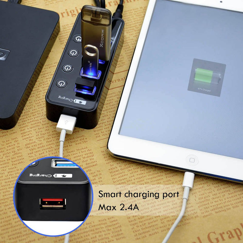 [Australia - AusPower] - USB Hub 3.0 Powered, LYFNLOVE USB Extender 4-Port Data USB Hub with Power Adapter and 1 Smart Charging Port, USB Splitter with On/Off Switches for MacBook, Mac Pro/Mini, iMac, Surface Pro Laptop/PC 