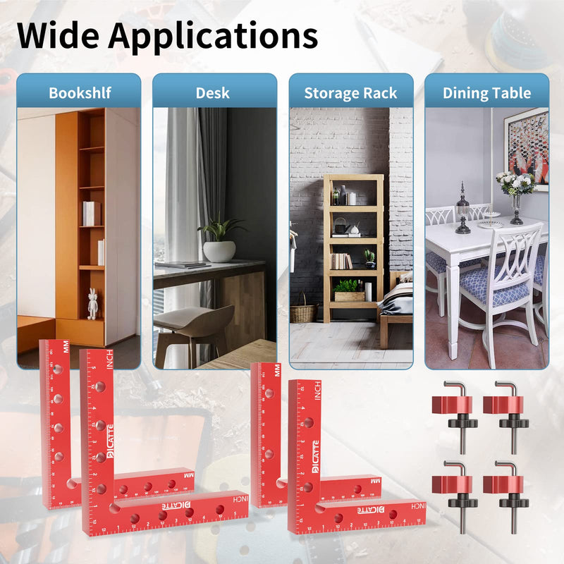 [Australia - AusPower] - DICATTE 90 Degree Positioning Square Right Angle Clamp( 5.5" +4.7") Aluminum Alloy Woodworking Carpenter Tool,4 Pcs Right Angle Clamps With 4 Clamps ,For Picture Frame Box Cabinets Drawers (RED) Red 