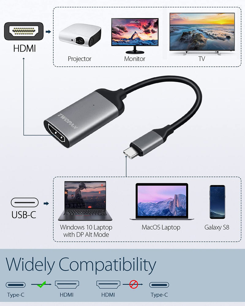 [Australia - AusPower] - TWOPAN USB C to HDMI Adapter 4K, Aluminum Alloy USB Type C to HDMI, USB C Adapter for iMac 24 inch 2021/27 inch, MacBook Pro/Mini/Air, iPad Pro, XPS, Yoga, EliteBook, Chromebook, Travellers' Choice Grey-H 