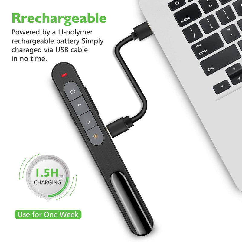 [Australia - AusPower] - AMERTEER Wireless Presenter, Green Light Rechargeable Presentation Remote Powerpoint Clicker with Laser Pointer PPT Slides Clicker Support Hyperlink RF 2.4GHz Green Laser 