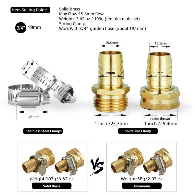[Australia - AusPower] - PLG Brass 3/4" Hose Repair Connector with Clamps, Male and Female Garden Hose End Repair Fittings 2 Set For 3/4"(inches) Hose 