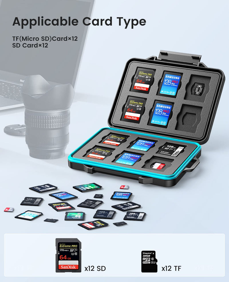 [Australia - AusPower] - ORICO 24 Slots SD Card Case Holder for 12 SD TF Card Waterproof Shock Resistant Memory SD Card Carrying Storage Organizer Box with Labels TF(Micro SD) Card×12,SD Card×12 