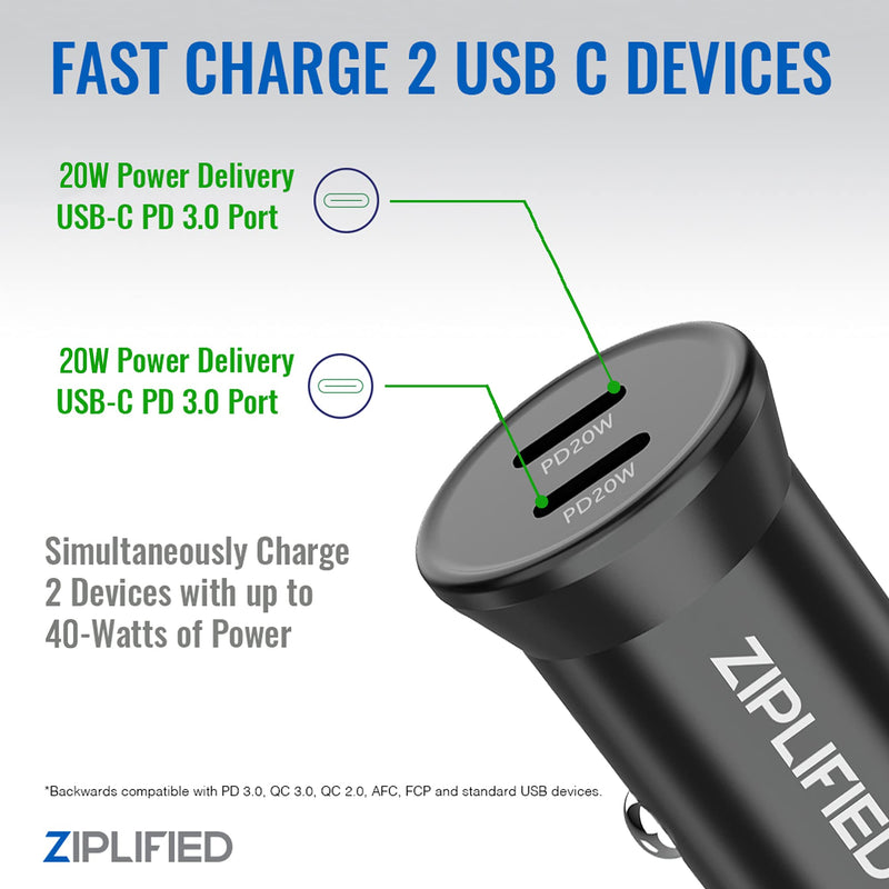 [Australia - AusPower] - Ziplified ZIP-C402PK 2-Pack Mini 40W Metal 2-Port USB C PD 3.0 Dual Port Car Charger Compatible with iPhone 13/12/11 Pro Max/12 Mini/X/XR, Galaxy S21/S20/S10, Pixel 4/5/6 