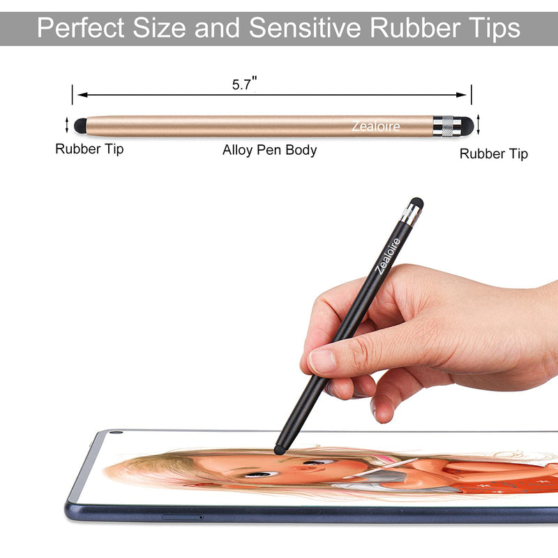 [Australia - AusPower] - Zealoire Stylus Pens for Touch Screens (2 Pcs), Sensitivity Capacitive Stylus 2 in 1 Touch Screen Pen with 6 Extra Replaceable Tips for iPad iPhone Tablets Samsung Galaxy All Universal Touch Devices Black/Gold 