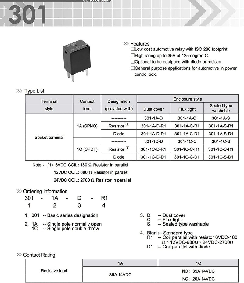 [Australia - AusPower] - Automotive Purpose Relays 301-1A-C-R1-U03-12VDC 4 PIN 4 Pack 