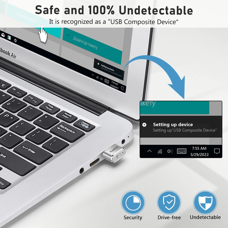 [Australia - AusPower] - Mouse Jiggler Undetectable Metal USB Mouse Mover with Switch Button, Automatic Mini Mouse Shaker with 2 Jiggle Modes, Driver-Free, Plug-and-Play Keep Computer/Laptop Awake, with Type-C Adapter, Silver 