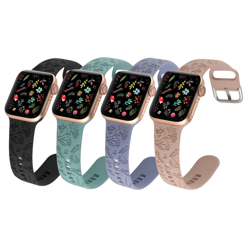 [Australia - AusPower] - 4 Pack Sport Band Compatible with Apple Watch Bands 38mm 40mm 41mm, Floral Engraved Soft Silicone Fancy Cute Flower Fadeless Pattern Replacement Strap for iWatch Series SE 7 6 5 4 3 2 1 Women 42/44/45mm Black Milk Tea 