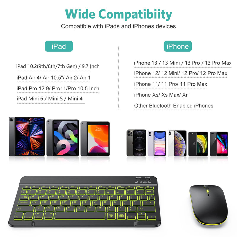 [Australia - AusPower] - TECURS Bluetooth Keyboard and Mouse Combo for iPad, 7-Color Backlit Rechargeable Wireless Keyboard & Mouse Compatible with iPad 9th/8th Gen, iPad Pro/Air/Mini and ipadOS 13 and Above, Black 