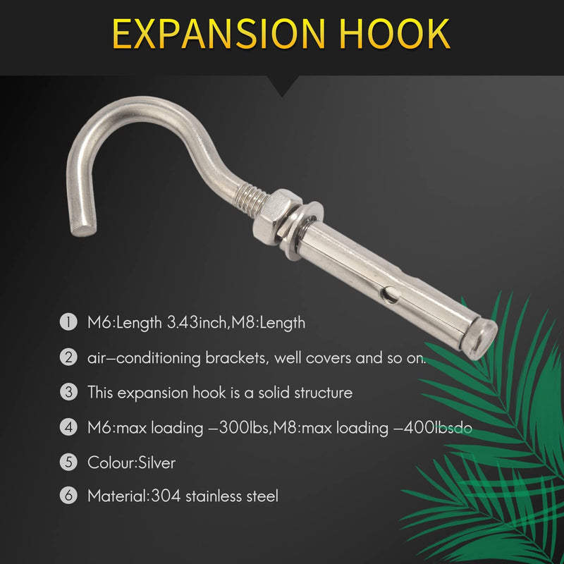 [Australia - AusPower] - Padyrytu Expansion Hook M6 M8 Open Cup Hook Expansion Bolts Heavy Duty Hook for Wall Concrete Brick 304 Steel Pack 12 