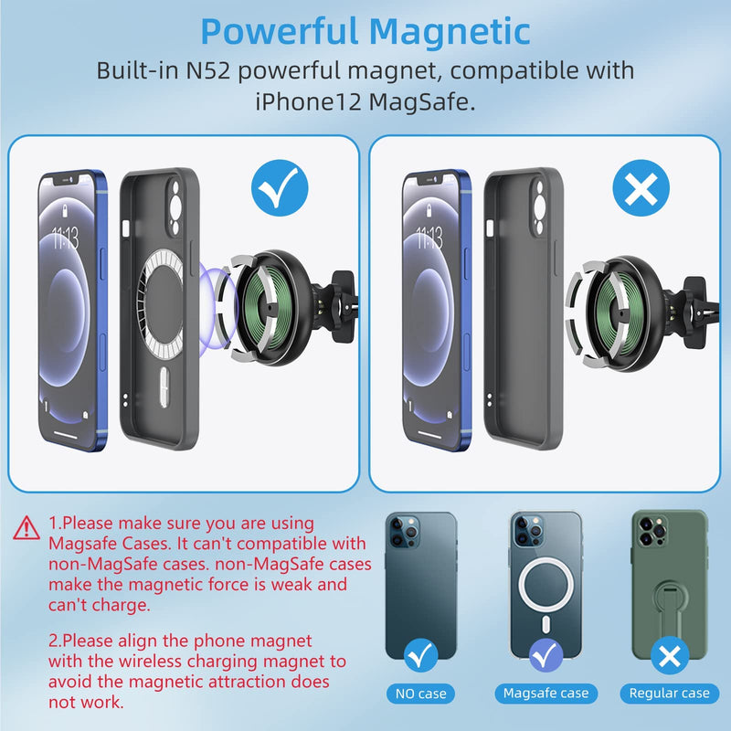 [Australia - AusPower] - Magnetic Wireless Car Charger Auto-Alignment for Magsafe Mount iPhone 12/13 Mini, Pro, Pro Max, Car Air Vent and Car Dashboard Phone Holder with 36W QC 3.0 Fast Car Charger (Black) Black 