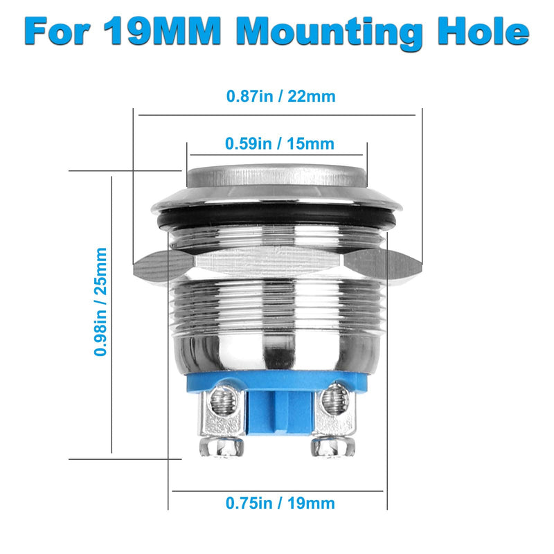 [Australia - AusPower] - 5PCS 19mm Momentary Push Button Switch Waterproof Metal High Round Cap, 2 Pin 1NO SPST Screw Terminal 250V AC 5A 12V 36V DC 2A ON Off Momentary Switch for Car RV Truck Boat 19mm 3/4" Mounting Hole Sliver Shell 