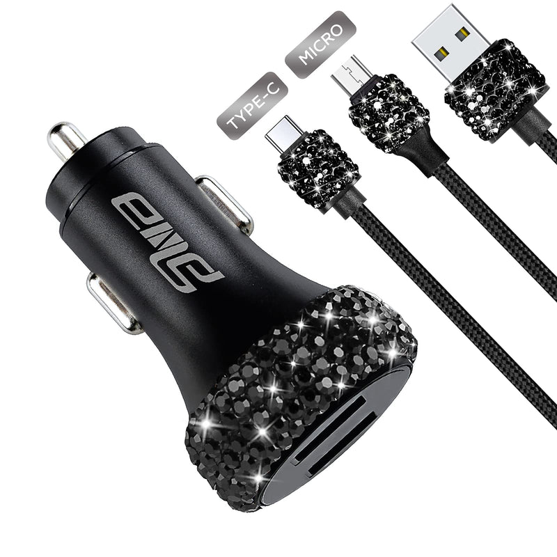 [Australia - AusPower] - eing Car Charger 3 Pack Crystal Rhinestones Cell Phone Set (Bling Dual USB Charger 3.3f Micro USB Cable & USB C Cable) Compatible with Samsung Galaxy Android Bling Accessories for Women Girls, Black C5 - Car Charger+USB Cable - Black 