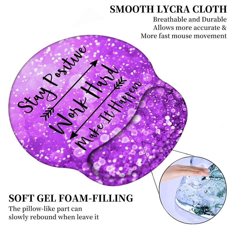 [Australia - AusPower] - Mouse Pad with Wrist Support Gel Ergonomic Mouse Pads with Rest Support Mouse Pad for Home Office Working Pain Relief + Coaster, Stay Positive Work Hard and Make It Happen Purple Glitter Yu-mouse Pad-2-h24 