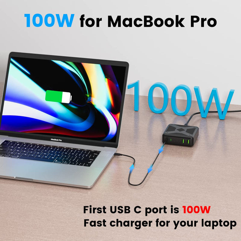 [Australia - AusPower] - USB C Charger, 200W USB C Charging Station 6-Port Fast Charger, 100W USB C Laptop Charger USB C Charger Block for MacBook Pro/Air,iPad Series, iPhone 14/13Pro Max/12 Samsung Galaxy Note 