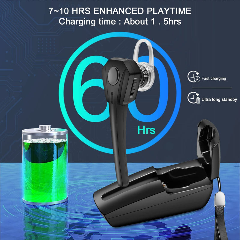 [Australia - AusPower] - OPINAY Bluetooth Headset,Wireless Ultralight V5.1 Bluetooth Earpiece,CVC8.0 HD Hands-Free Earphones with Built-in Mic,60Hrs Playtime with 500mAh Charging Case for Business/Office/Driving/Workout Black 