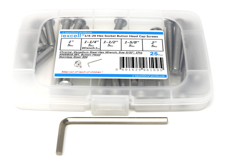 [Australia - AusPower] - iexcell 25 Pcs SAE 1/4-20 x 1, 1-1/4, 1-1/2, 1-5/8, 2 UNC Threads Stainless Steel 304 Hex Socket Button Head Cap Screws Bolts Assortment Kit 