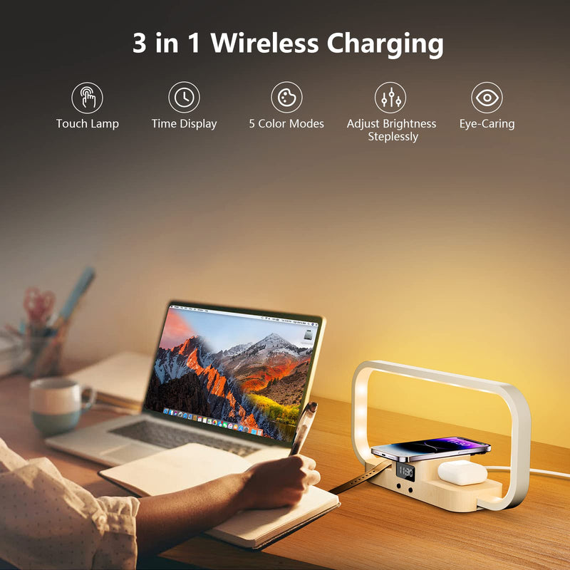 [Australia - AusPower] - AONTESS Bedside Lamp with Wireless Charger: Stepless Dimming&5 Color Mode Touch Control Table Lamp with Clock,Nightstand Lamp with Charging Station for iPhone Series/AirPods/iWatch(Adapter Included) 