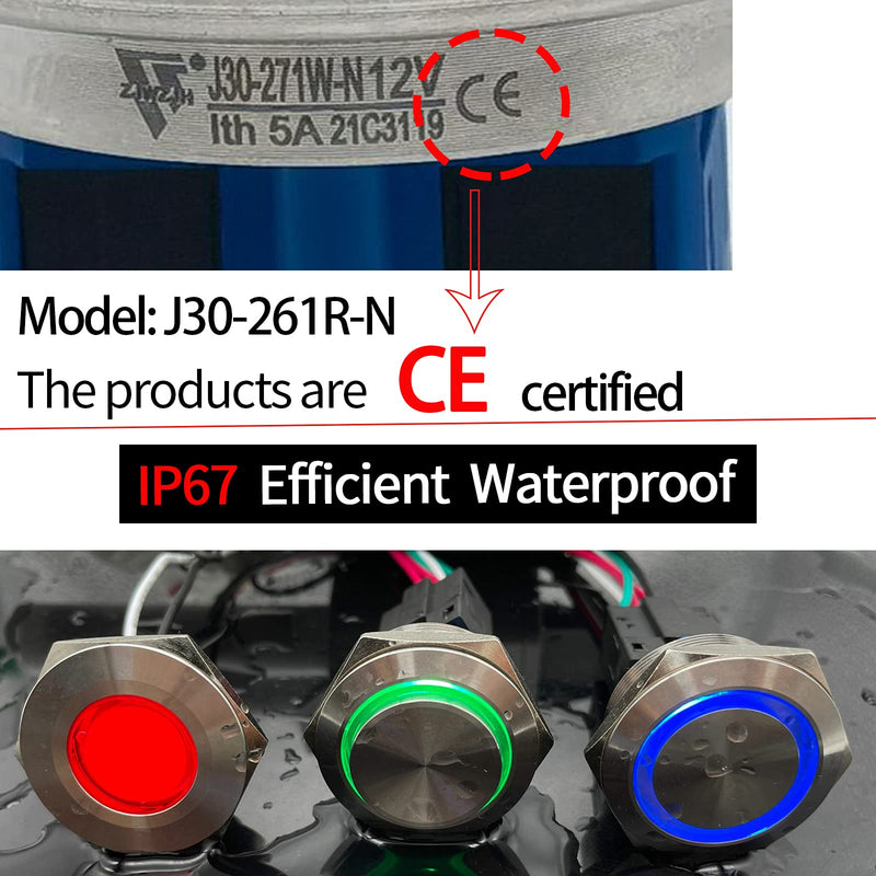 [Australia - AusPower] - 30mm Momentary Push Button Switch Big Head Waterproof with 12V LED Angel Eye Metal Stainless Steel Start Switch 1.18" Mounting Hole with Socket 1NO1NC J30-271-N (Momentary, 12V, Red) Momentary, 12V 