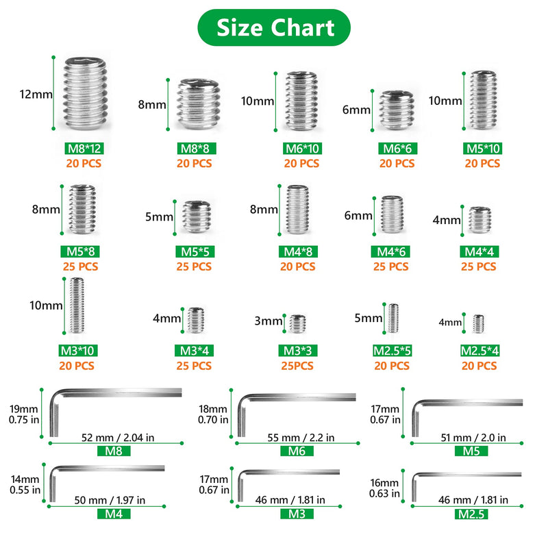 [Australia - AusPower] - Set Screws, 330Pcs15 Sizes- M2.5/ M3/ M4/ M5/ M6/ M8 304 Stainless Steel Allen Head Socket Grub Screw Assortment kit with Internal Hex Drive for Door Handle, Light Fixture, Bathroom, Home, Garage 