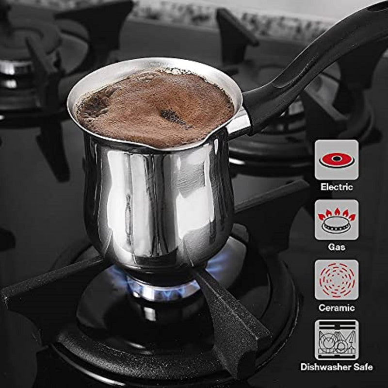 [Australia - AusPower] - DESTALYA Turkish Coffee Pot, 10.14 fl oz Stainless Steel Ibrik Cezve Briki Arabic Greek Pot, Butter Chocolate Milk Warmer, Sauce Maker, Small Hot Pot with Spout for Stove top, Cezve (Coffee Pot Black) Coffee Pot Black 