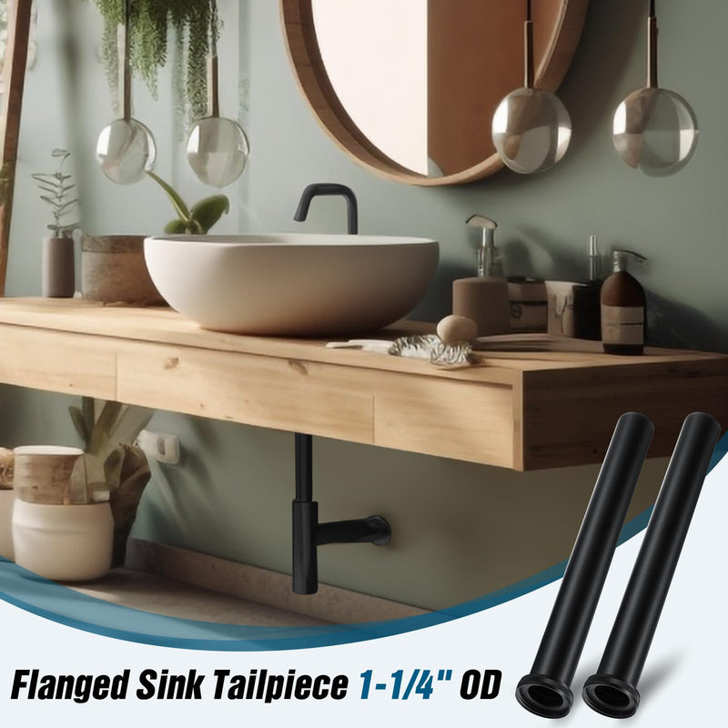 [Australia - AusPower] - Tandefio 2 Pcs Flanged Sink Tailpiece 1-1/4" OD x 12" Brass Extension Tube for Trap Inlet Waste Sink Pipe Drain Connections, Black 