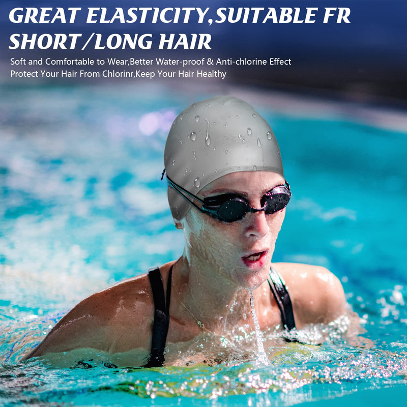 [Australia - AusPower] - 4 Pack Silicone Swimming Cap with 3D Ear Protection Cap Waterproof Bathing Solid Swimming Cap Swimming Unisex Bathing Swimming Hat for Kids Women Men Adults Child Youth Teen Long Hair, 4 Colors 
