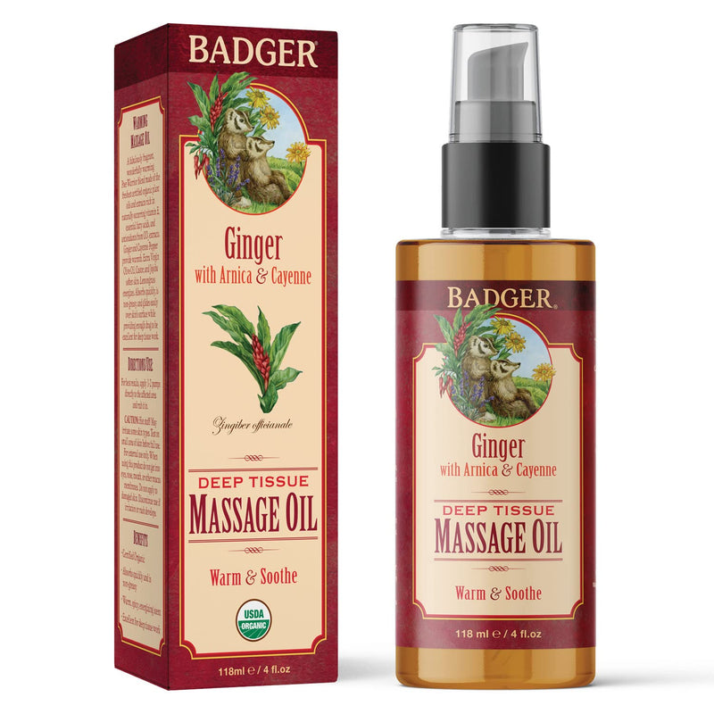 [Australia - AusPower] - Badger - Deep Tissue Massage Oil, Ginger with Arnica & Cayenne, Certified Organic Massage Oil, Warm & Soothe, Massage Oil for Sore Muscles, Essential Oils, 4 oz 