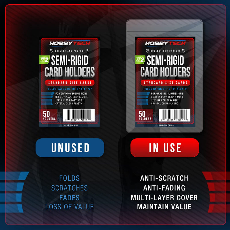 [Australia - AusPower] - HOBBYTECH - 50 Pcs Semi-Rigid Card Holder SR2 - Fits Standard Size Cards - Premium Hard Card Sleeves for Grading with PSA, BGS & More - Protects Your Sports Cards, Pokemon, MTG, Yu-Gi-Oh (1 Pack) 