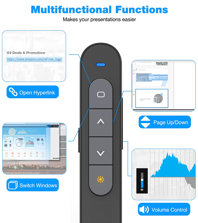 [Australia - AusPower] - DINOSTRIKE Wireless Presenter Remote Presentation Clicker,RF 2.4GHz USB Presentation Pointer with Volume Control Slide PowerPoint Clicker for Computer Laptop Mac Black 