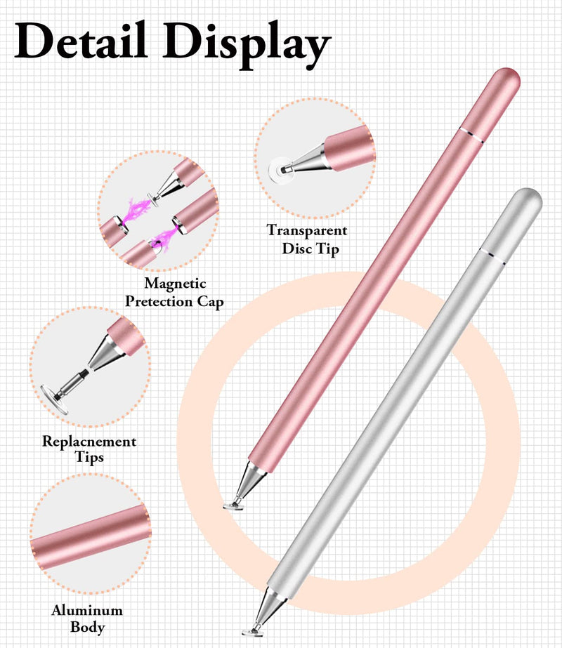 [Australia - AusPower] - Stylus Pen for iPad, LUNTAK Stylus Pens for Apple/iPhone/Ipad pro/Mini/Air/Android/Microsoft/Surface All Capacitive Touch Screens Universal with 4 Replacement Tips (2 Pcs, Pink and Silver) 