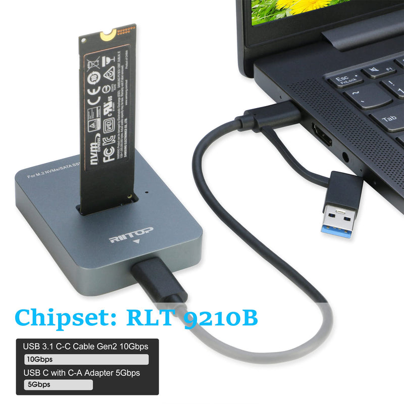 [Australia - AusPower] - M.2 to USB Docking Station, RIITOP M.2 SSD to USB-C Reader Adapter for Both M.2 (M Key) NVMe SSD and (B+M Key) SATA-Based SSD 