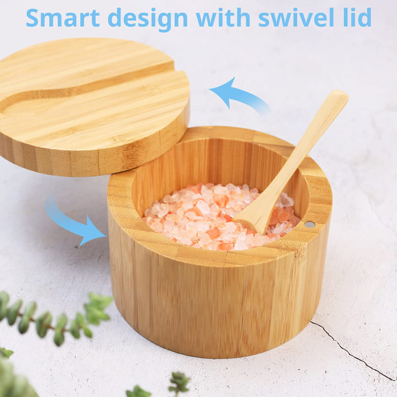 [Australia - AusPower] - Bamboo Salt Cellar with Mini Spoon by HTB, Kitchen Salt Box with Swivel Magnetic Closure Lid, Round Salt Container to Storage Pepper Spice Bath Salt Sea Salt 1pcs 
